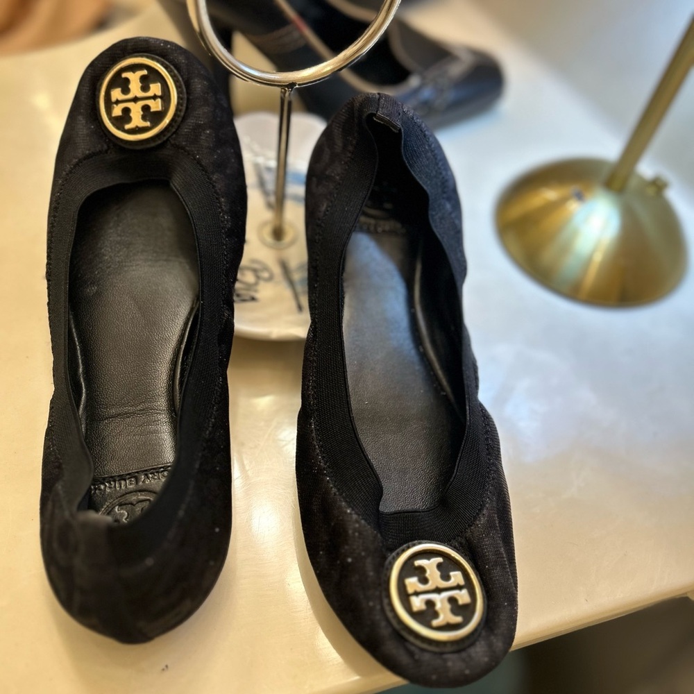 Tory Burch Black Suede Flats with Gold Logo